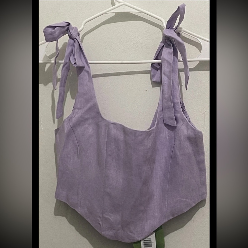 Farm Rio Top Med Lilac Corset Crop Smocked Shoulder Tie Linen Summer Beach NWT